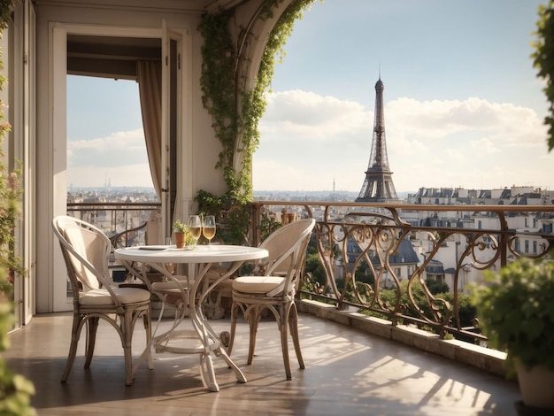 Varanda com mesa e cadeiras com vista para a Torre Eiffel