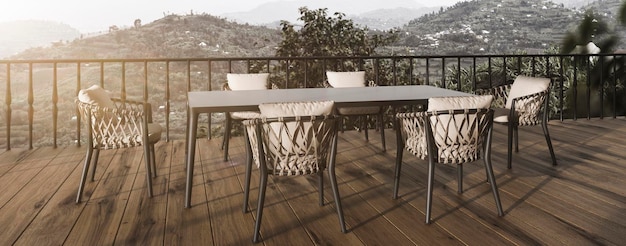 Varanda de design de interiores moderno escandinavo com mesa de jantar terraço ao ar livre ilustração 3d render