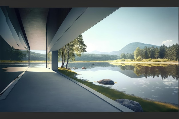 Varanda de design exterior de edifício moderno em paisagem de lago e montanha