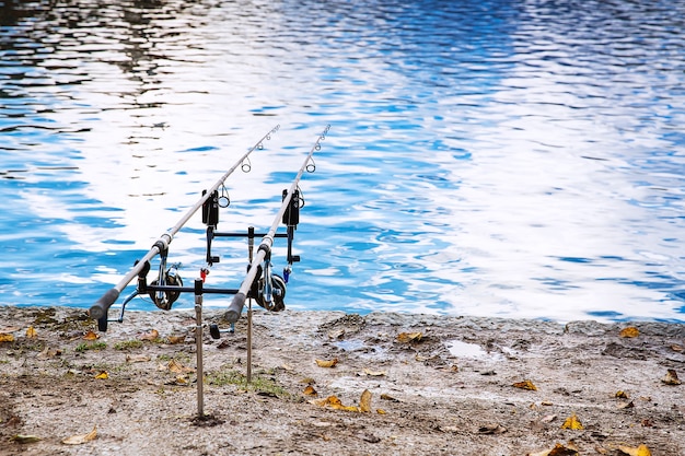 Varas de pesca na margem do Lago Bled Eslovênia Fundo de pesca