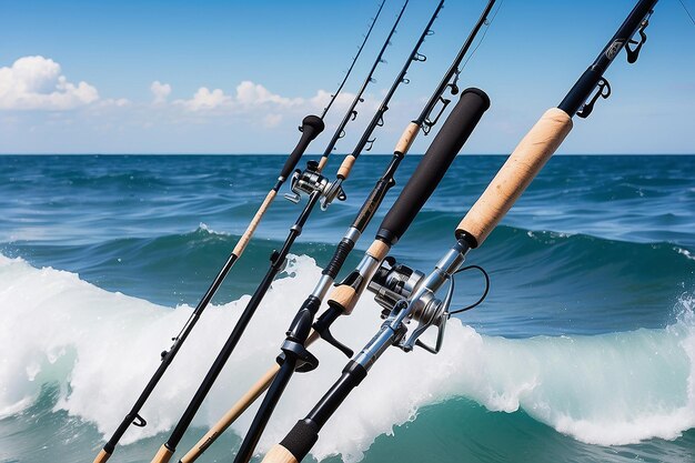 Las varas de pesca contra las olas del océano y el cielo azul