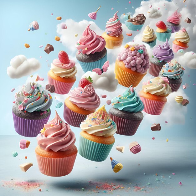 Variação de cupcakes assados multicoloridos com gelo doce