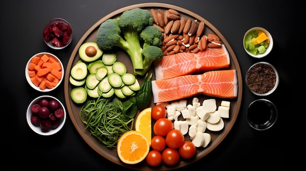 Foto variação de frutas e legumes frescos diretamente acima de uma mesa de estúdio