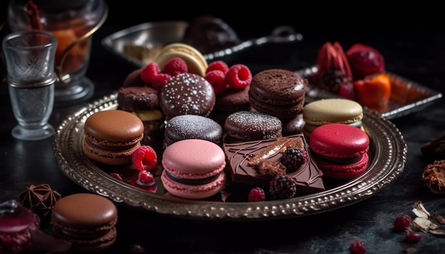 Variação indulgente de framboesa e chocolate em pilha de biscoitos gerados por IA