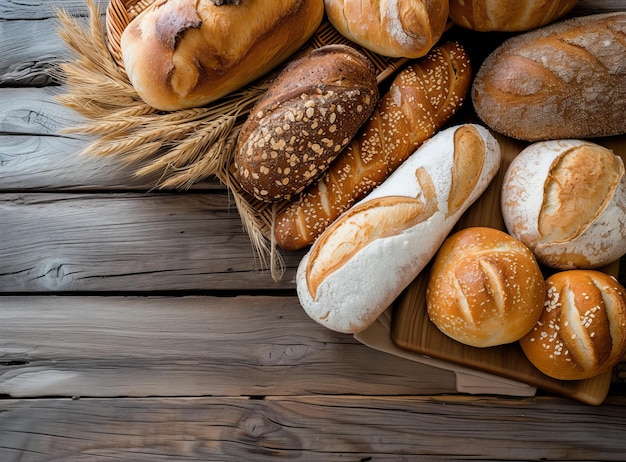 Variações de pão recém-cozido em uma mesa de madeira rústica. Lugar para uma inscrição.