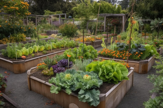 Variada selección de frutas y verduras en camas de jardín creadas con IA generativa