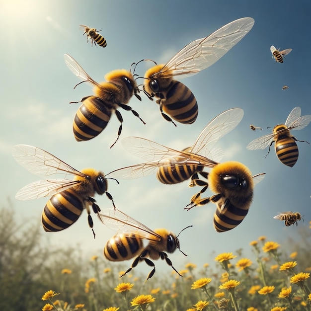 varias abejas sobre un fondo de cielo