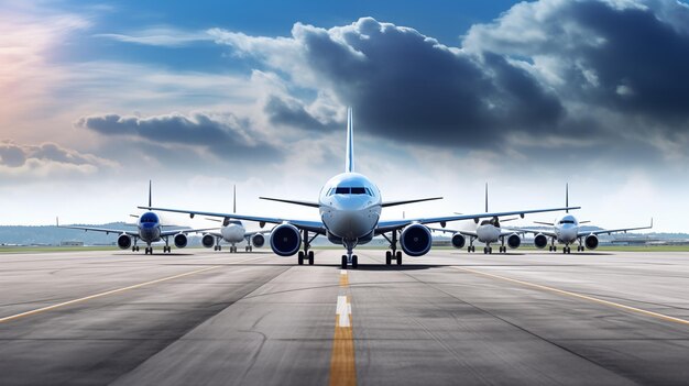 Várias aeronaves prontas para serviço na plataforma do aeroporto