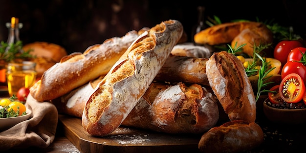 Varias baguettes en una mesa con verduras y aceite