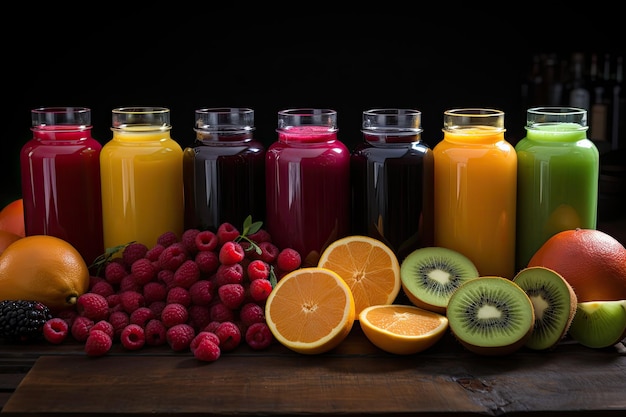 Varias bebidas con puré o frutas y bayas enteras que se han mezclado con diferentes jugos