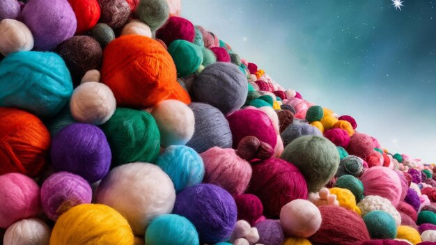 Várias bolas de lã em diferentes cores com espaço à direita