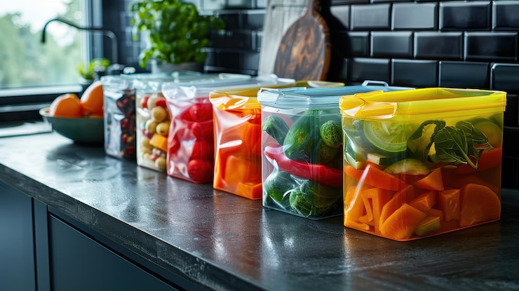 Varias bolsas de alimentos reutilizables que contienen verduras y frutas frescas en un mostrador de la cocina