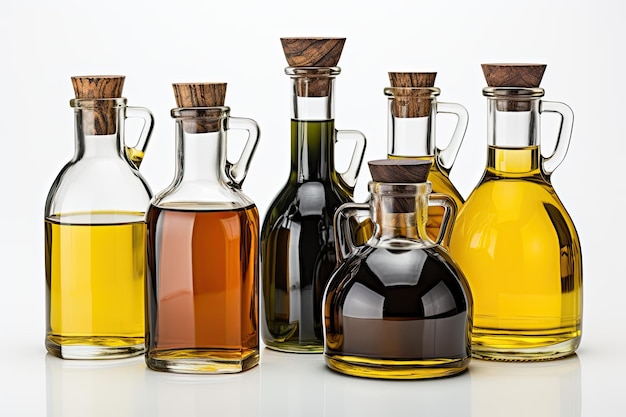 Varias botellas de aceite de oliva aisladas sobre un fondo blanco