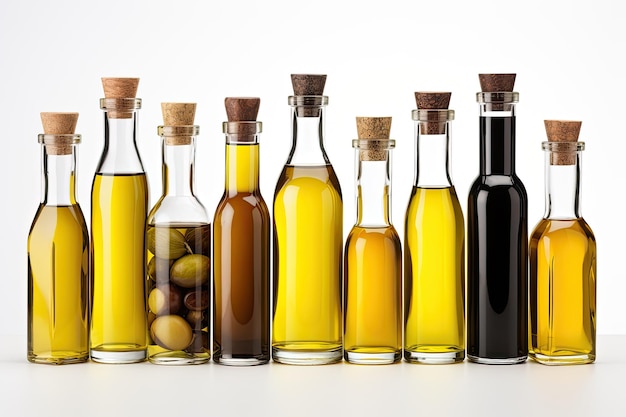 Foto varias botellas de aceite de oliva aisladas sobre un fondo blanco