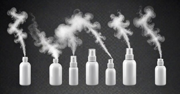 varias botellas de aerosoles con humo saliendo de ellas