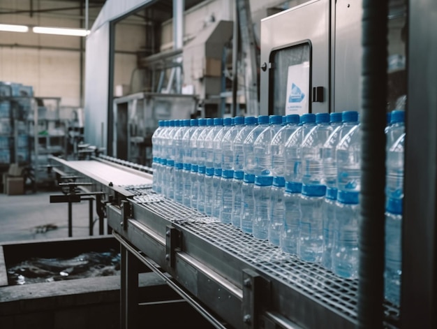 Varias botellas de agua están alineadas en una cinta transportadora.