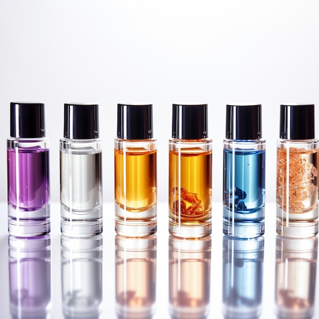 Foto varias botellas de perfume de diferentes colores están alineadas en una mesa generativa ai