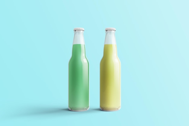 Varias botellas de soda de frutas bebida no alcohólica con gotas de agua aisladas en el fondo de toscha representación 3d adecuada para su proyecto de diseño