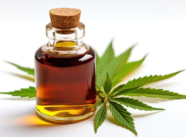 Varias botellas de vidrio con aceite de CBD Tintura de THC y hojas de cáñamo sobre un fondo de mármol Minimalismo plano Cosméticos Aceite de CBD