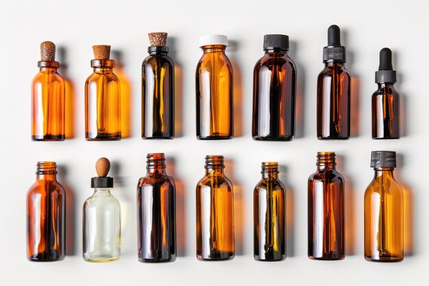 Varias botellas de vidrio ámbar para cosméticos y remedios naturales