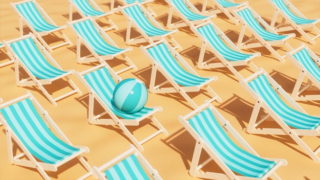 Várias cadeiras de praia sob a bola de praia do sol na ilustração 3d do tema de férias da cadeira