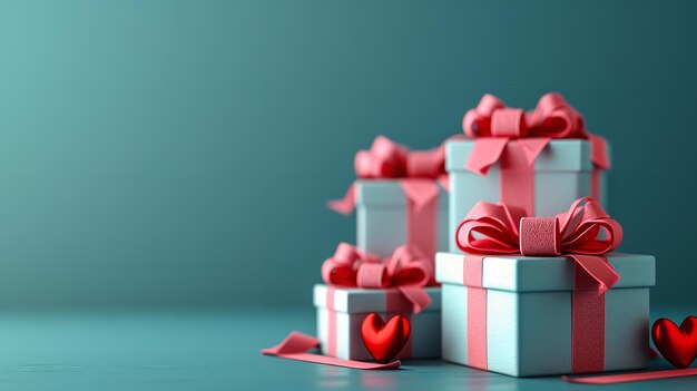 Varias cajas de regalos guardadas con cinta y corazón rojo en un telón de fondo verde claro con un gran espacio vacío IA generativa