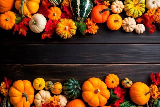 Varias calabazas en un fondo de madera Alimentos de IA generativa