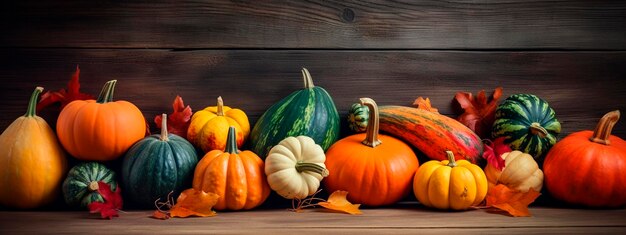 Varias calabazas en un fondo de madera Alimentos de IA generativa