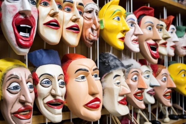 Varias caras de marionetas parcialmente pintadas alineadas