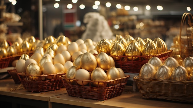 Varias cestas con hermosos huevos de oro hechos de metal dorado de pie en la tienda