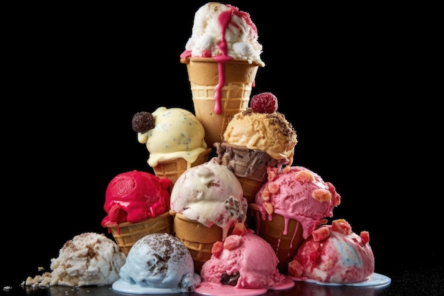 Várias colheres de sorvete formando uma torre