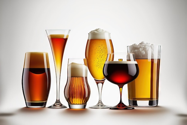 Varias copas de cerveza artesanal frescas en varias configuraciones, todo sobre un fondo blanco