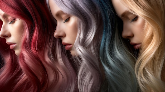 Várias cores de cabelo, do vermelho à prata, mostrando a beleza dos penteados tingidos.
