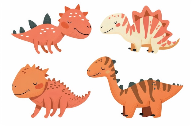 Várias espécies de dinossauros de pé lado a lado em um grupo