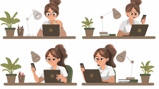 Várias expressões de empregadas femininas que trabalham em um escritório usando telefones celulares na mesa Ilustração plana de mulheres que trabalham no escritório enquanto usam seus telefões celulares
