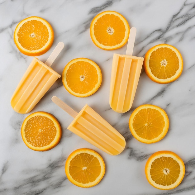 Foto várias fatias de laranja com bolinhos são dispostas em uma mesa de mármore