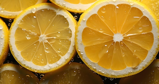 várias fatias de limão com gotas de água em amarelo