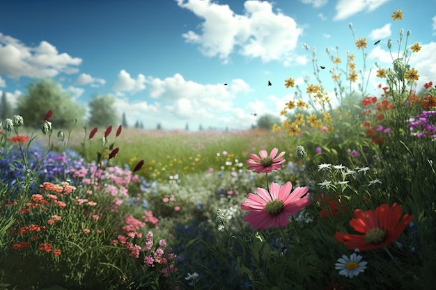 Várias flores coloridas florescem em um prado de flores silvestres