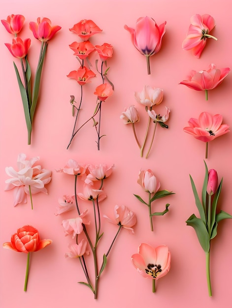 Várias flores cor-de-rosa colocando willynilly em um cartão postal de fundo rosa cartão postal cinematográfico