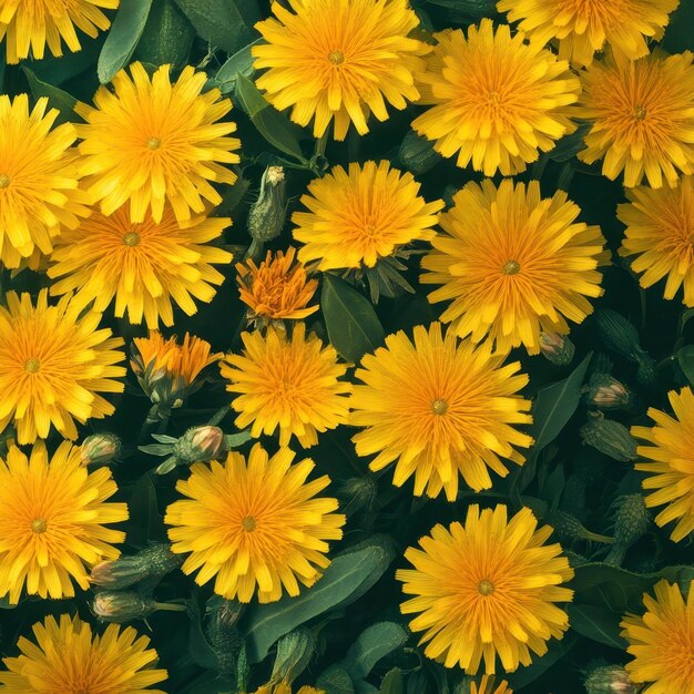 Varias flores de diente de león llenan toda la imagen