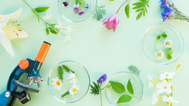 Várias flores e folhas de plantas em placas de petri e um microscópio