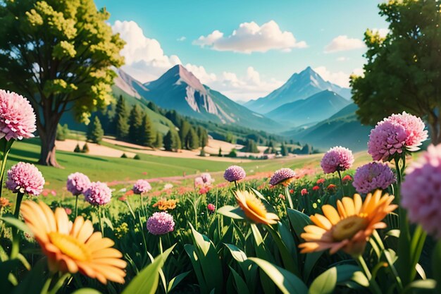 varias flores en la hierba verde y las montañas en la distancia son nubes blancas de cielo azul