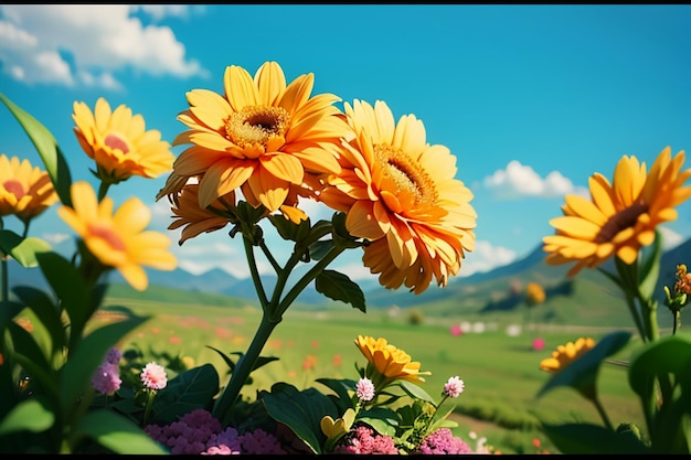 varias flores en la hierba verde y las montañas en la distancia son nubes blancas de cielo azul