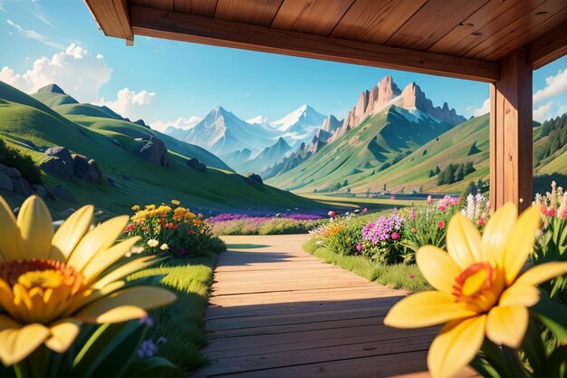 Foto varias flores en la hierba verde y las montañas en la distancia son nubes blancas de cielo azul