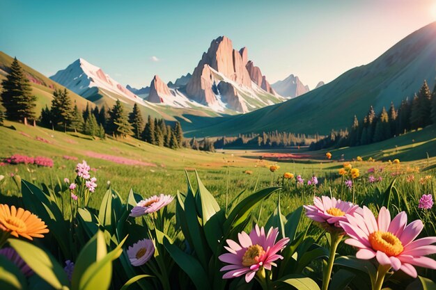 Foto várias flores na grama verde e as montanhas ao longe são céu azul nuvens brancas