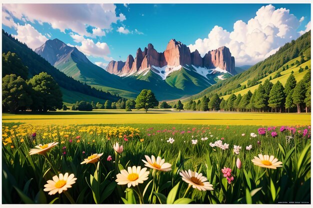 Foto várias flores na grama verde e as montanhas ao longe são céu azul nuvens brancas