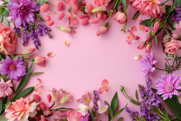 Varias flores de primavera que crean un marco con un gran espacio de copia en un fondo rosa