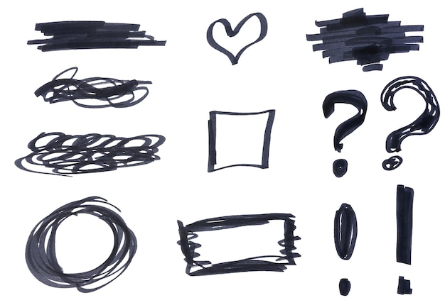 Várias formas de marcadores pretos em um coração de quadro de fundo branco e um ponto de interrogação