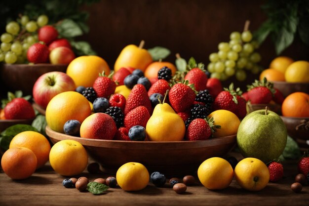 Varias frutas y bayas, incluidas las fresas, los arándanos, el mango, la naranja y la manzana sobre un fondo de madera