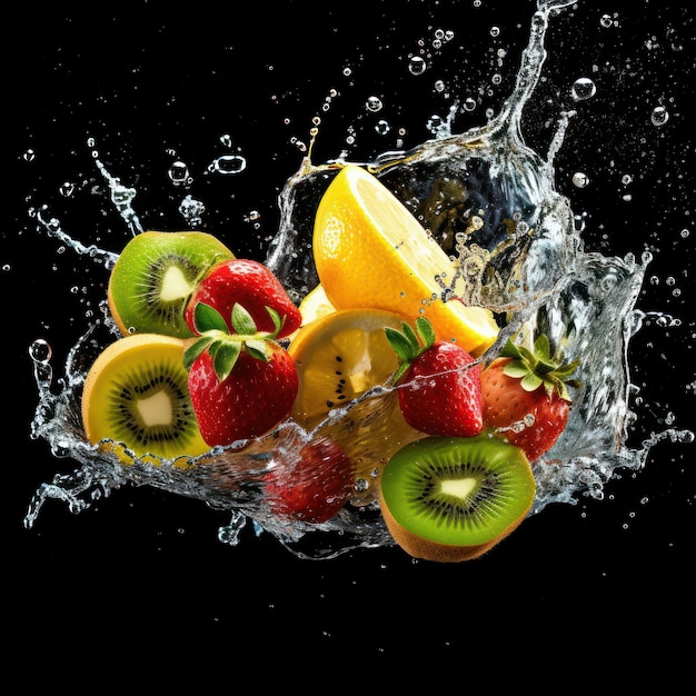 Várias frutas com respingos de água em fundo escuro Frutas saudáveis ricas em vitaminas Generative Ai